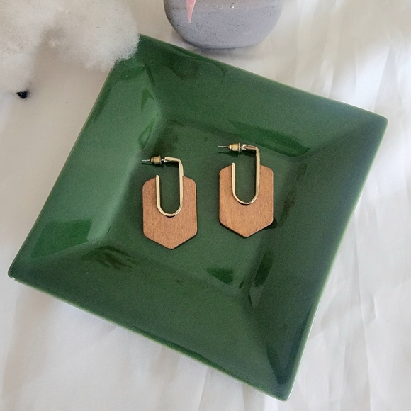 Unique Geometric Wood And Gold Earrings - Picture 3 of 5